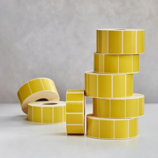 Gule etiketter 37x27 mm, termo top, aftagelig lim